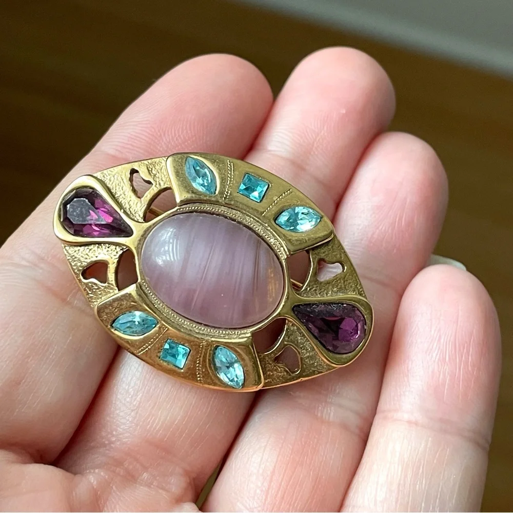 Vintage Gold-tone Brooch with Pink Center and Blue & Purple Accents